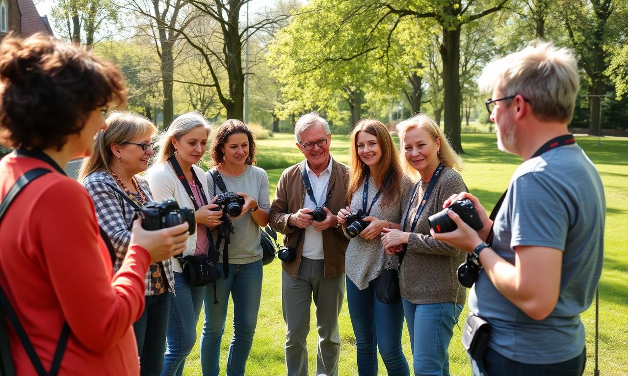 Teilnehmer eines Fotokurses üben gemeinsam mit Kameras im Freien