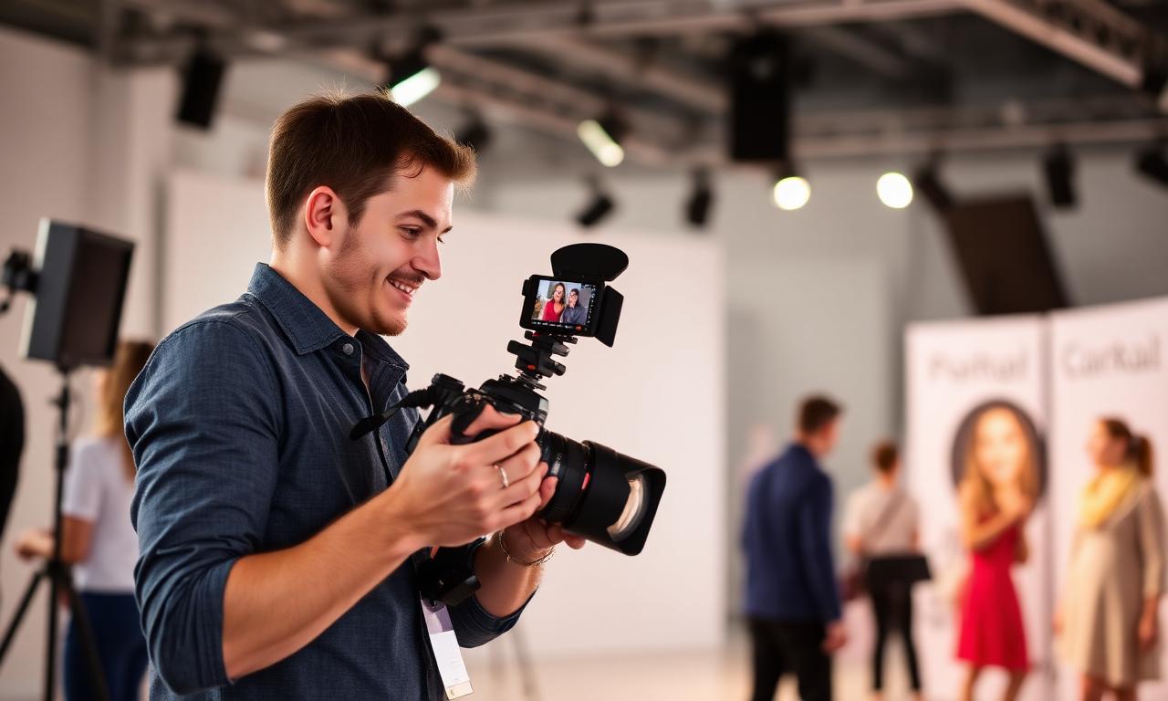 Professioneller Fotograf bei der Arbeit im hellen Studio